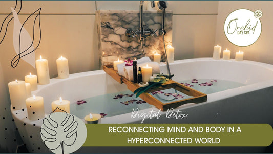 Luxurious bathroom scene at Orchid Day Spa featuring a candlelit tub with floating orchids, towels, oils, and a serene atmosphere for relaxation