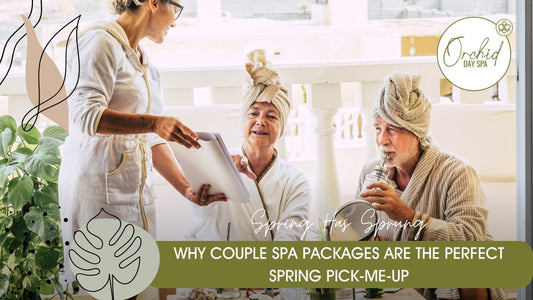 Elderly couple enjoying a relaxing spa day at Orchid Day Spa, wearing robes and towels while speaking with a spa therapist—highlighting the rejuvenating experience of Couple Spa Packages in spring.