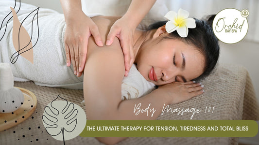 A woman enjoying a relaxing body massage at a spa, lying with eyes closed, flower in hair, symbolizing calmness, tension relief, and total bliss
