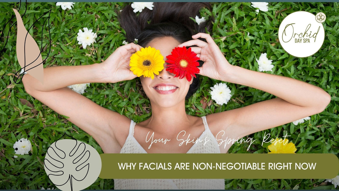 Smiling woman lying on fresh green grass holding bright flowers over her eyes, representing relaxation, renewal, and the rejuvenating benefits of spa treatment specials at Orchid Day Spa