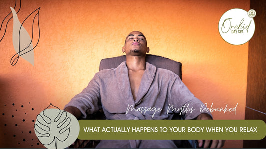 Man in a spa robe relaxing with eyes closed at Orchid Day Spa, illustrating the calming effects of a professional body massage and the benefits of relaxation.