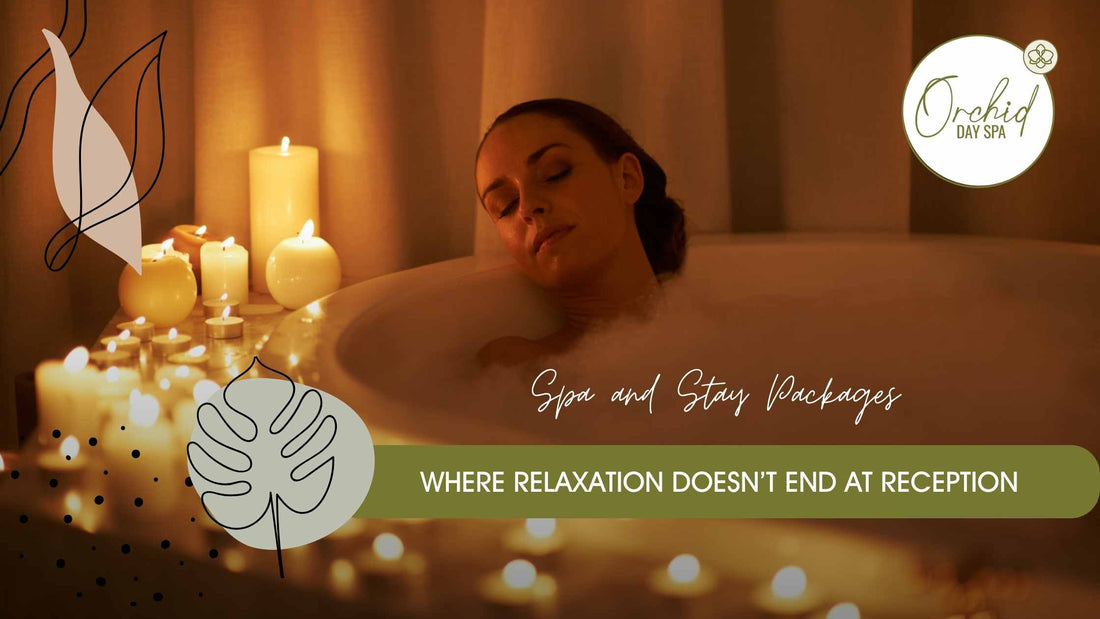 Woman relaxing in a candlelit bath, enjoying spa and stay packages at Orchid Day Spa for a luxurious overnight wellness escape.