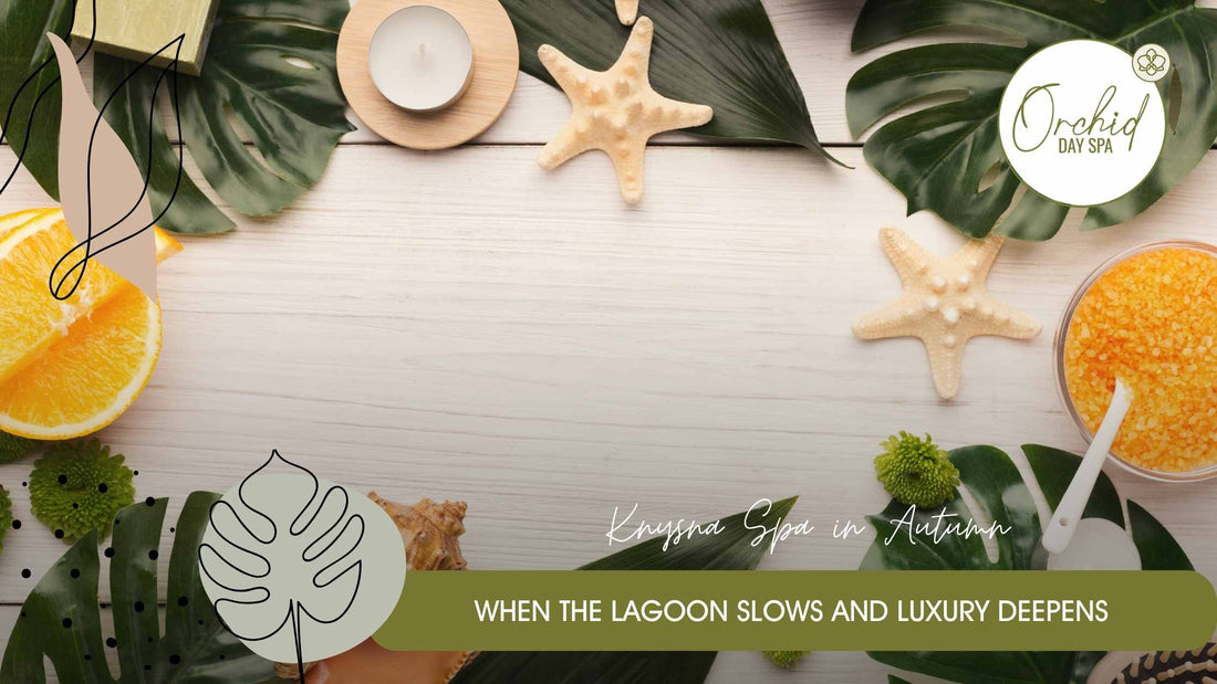 Knysna spa in autumn setting with natural leaves, citrus slices, sea salt scrub and calming décor